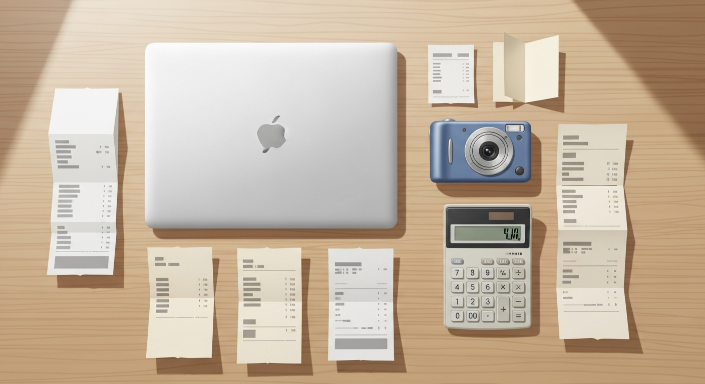 laptop camera calculator and receipts on a wooden desk